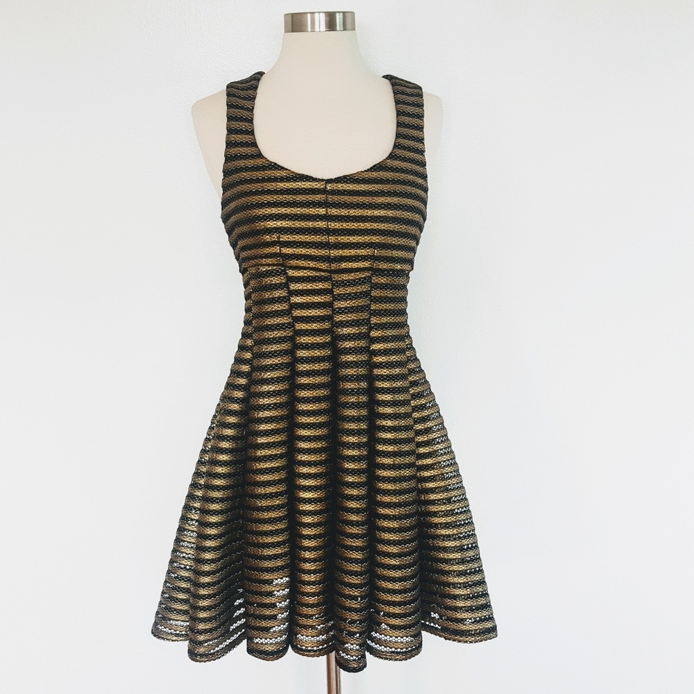 Topshop | Metallic Gold + Black Striped Dress